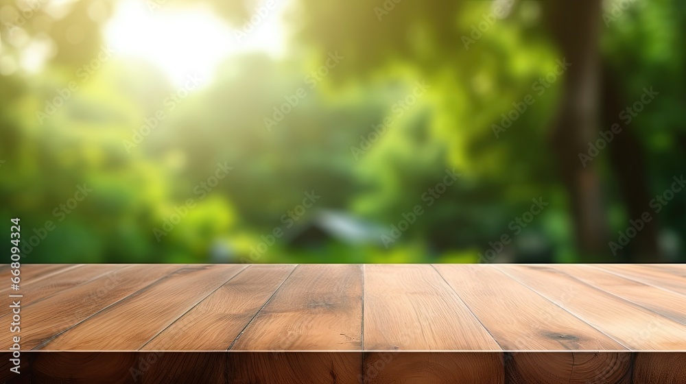 Wooden table with blurred green park background ideal for showcasing products or using as a banner for online advertising or nature themed business presentations