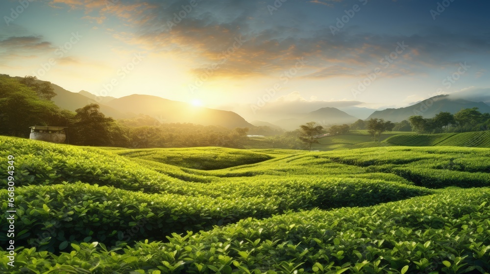 Sunrise at a green tea plantation with a natural backdrop Sunrise at a green tea plantation with a natural backdrop