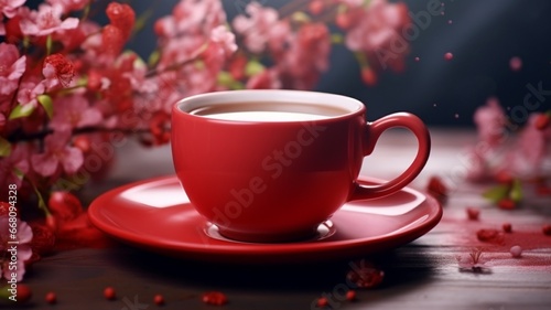 Beautiful red tea cup with bowl flowers design image Ai generated art