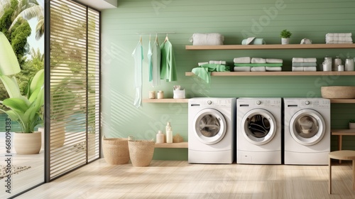 Tropical themed laundry room with green shelves washing machines sink hangers panoramic window stool and hardwood floor