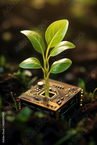 Petite plant sprout arising from a circuit board rooted in the ground. Potential through the synergy of nature and technology, creating equilibrium between the organic and the artificial. photo