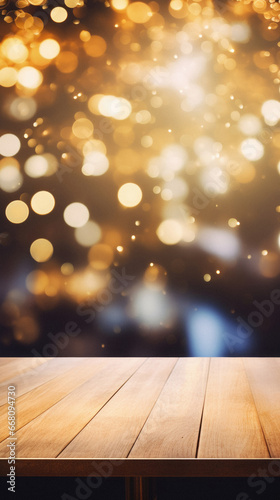 Wooden table against bokeh of christmas lights in background.