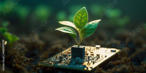 Small vegetation sprout growing from a circuit board sown in the earth. Interplay of nature and technology with a delicate balance between the organic and the artificial.