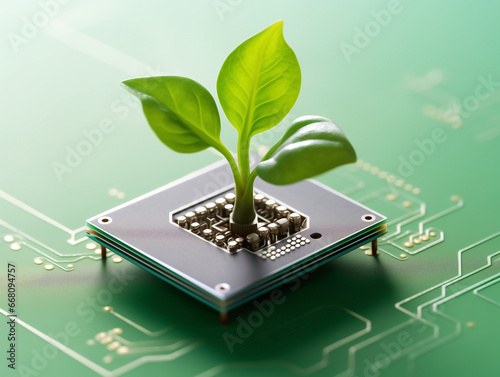 Tiny seedling emerging from a circuit board deeply entrenched in the CPU chip. Nature and technology coalescence, establishing equilibrium between the organic and the artificial. photo