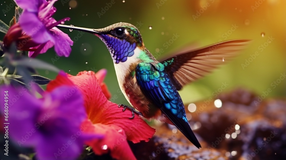 Beautiful vividly colored hummingbird drinking birds picture Ai generated art