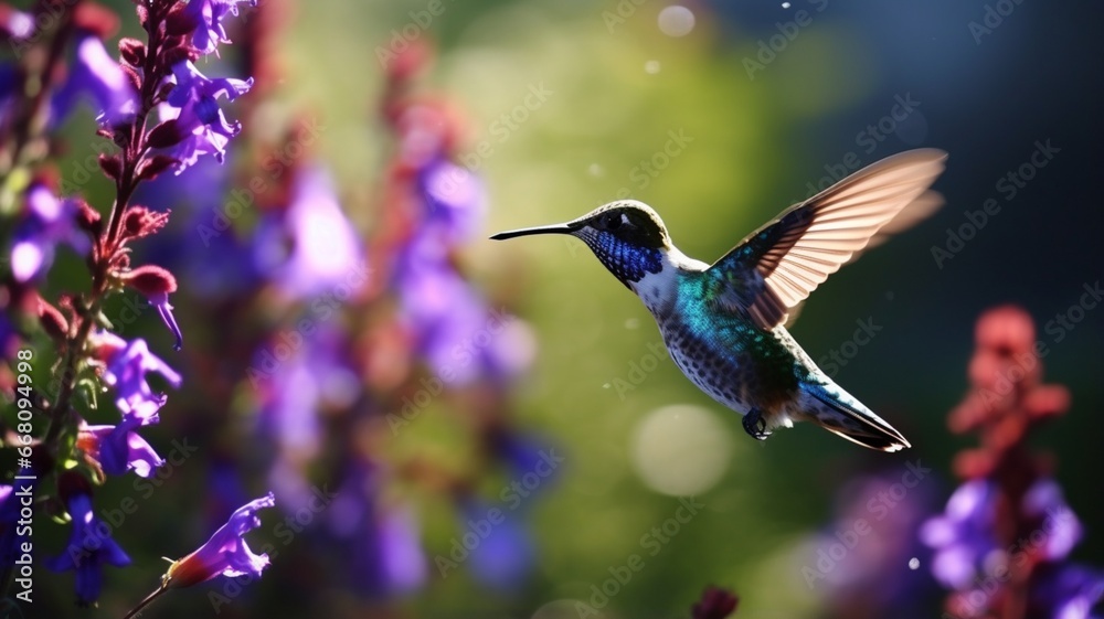 Fototapeta premium Beautiful vividly colored hummingbird drinking birds picture Ai generated art