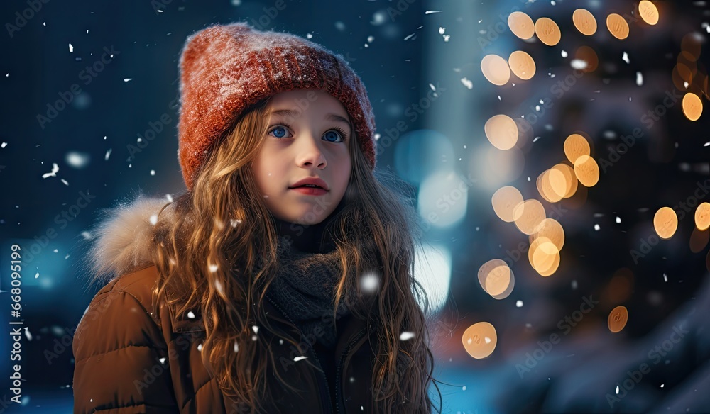 Girl in the middle of the town, christmas season, snowing, created with AI Girl in the middle of the town, christmas season, snowing, created with AI