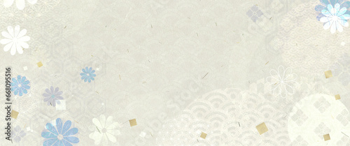 日本の伝統和紙　和柄と花模様の背景素材　ベージュカラー