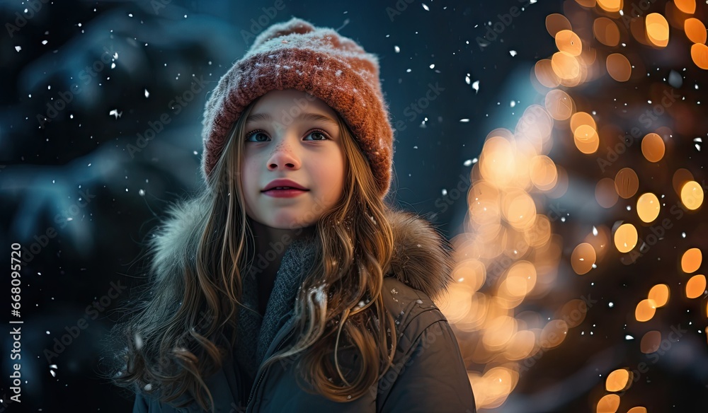 Girl in the middle of the town, christmas season, snowing, created with AI Girl in the middle of the town, christmas season, snowing, created with AI