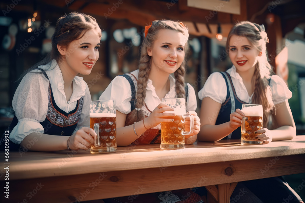 Three girls in dirndl drinking beer in a beer garden