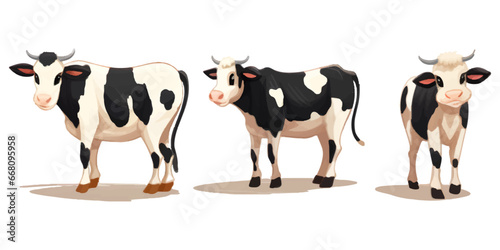 Set of black and white Cows. Flat Vector Illustration Isolated on white background
