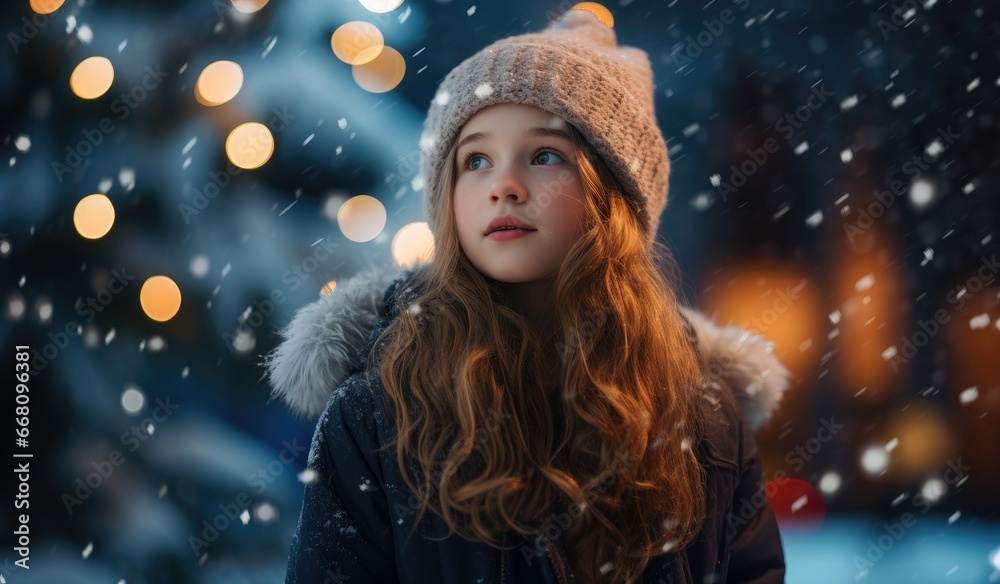 Girl in the middle of the town, christmas season, snowing, created with AI Girl in the middle of the town, christmas season, snowing, created with AI