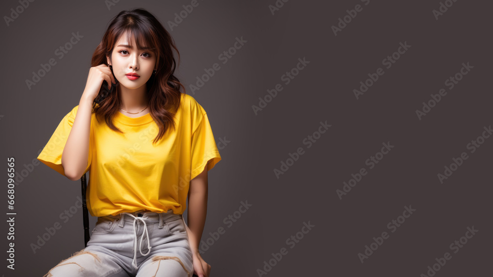 Asian woman wearing yellow t-shirt isolated on gray background Asian woman wearing yellow t-shirt isolated on gray background