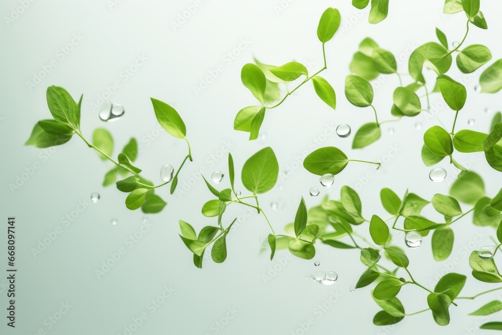 Green Floating Leaves. Banner with Flying Dancing Leaf