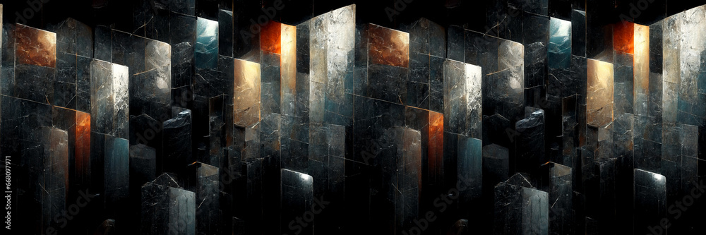 Dark abstract panoramic background. Modern futuristic mosaic pattern of various geometric shapes and polygons. Wide rough texture background with seamless pattern. Perfect for design. Generative AI. - obrazy, fototapety, plakaty 