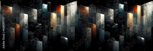 Dark abstract panoramic background. Modern futuristic mosaic pattern of various geometric shapes and polygons. Wide rough texture background with seamless pattern. Perfect for design. Generative AI.