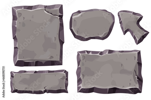 Set stone game menu panels, textured ui frames interface template in comic cartoon style isolated on white background.