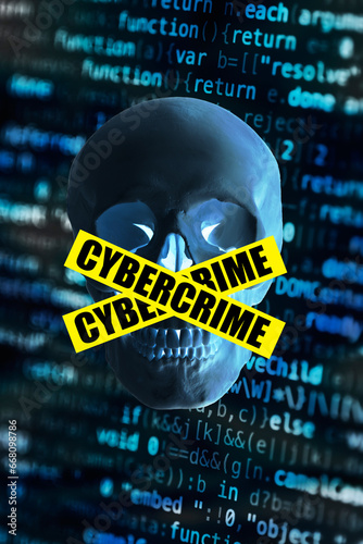 human skull and computer code, cybercrime cocnept photo
