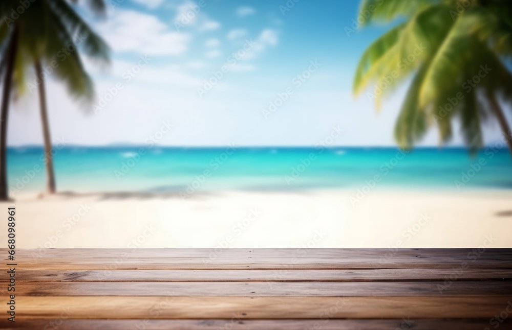 Empty wooden table on a beautiful blured tropical beach background. generative ai. Summer holiday background for product display, Generative AI