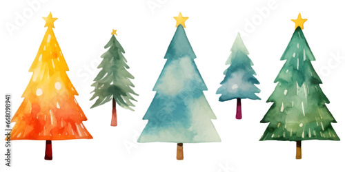Watercolor Christmas trees vector set, decorated lights on white background