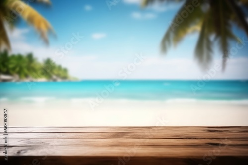 Empty wooden table on a beautiful blured tropical beach background. generative ai. Summer holiday background for product display  Generative AI