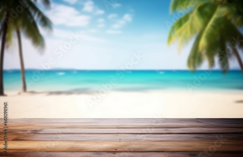 Empty wooden table on a beautiful blured tropical beach background. generative ai. Summer holiday background for product display  Generative AI