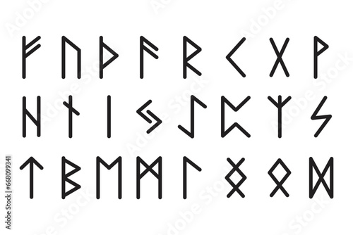 Set runes scandinavian alphabet, esoteric symbols mystyc in doodle style isolated on white background. 