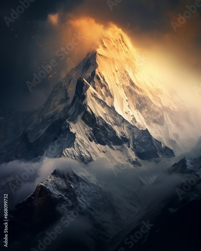 Beautiful mountain top in himalayan art of mystic symbolism, mountains wallpaper in dramatic atmospheric perspective 