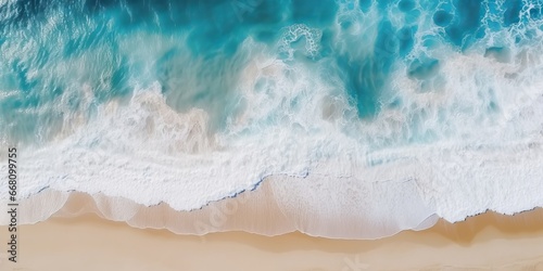 Ocean waves on the beach as a background. Beautiful natural summer vacation holidays background. Aerial top down view of beach and sea with blue water, Generative AI