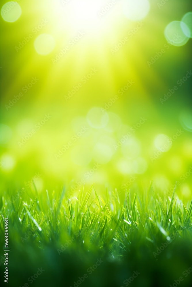 Fresh green grass background in sunny summer day. A natural spring garden background of fresh green grass for product display. generative ai. Blurred nature, Generative AI
