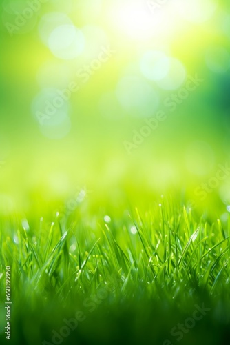 Fresh green grass background in sunny summer day. A natural spring garden background of fresh green grass for product display. generative ai. Blurred nature, Generative AI