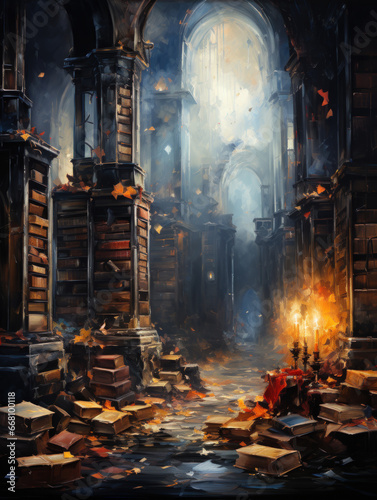 The Passage of Wisdom: An old library filled with ancient books that contain timeless truths, painting