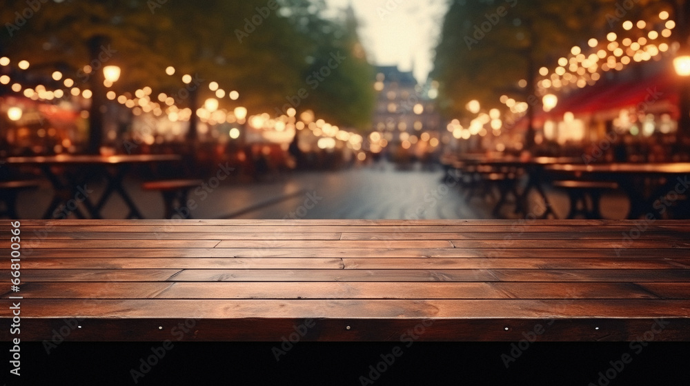 Empty wooden table in front of abstract blurred background. Ready for product display mockup.