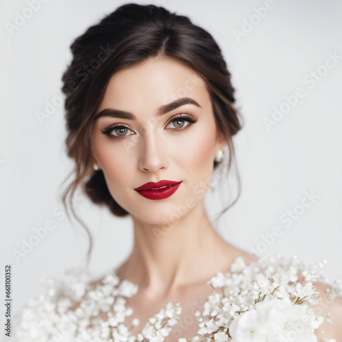 Sposa in primo piano con capelli legati, rossetto rosso, sposa elegante photo