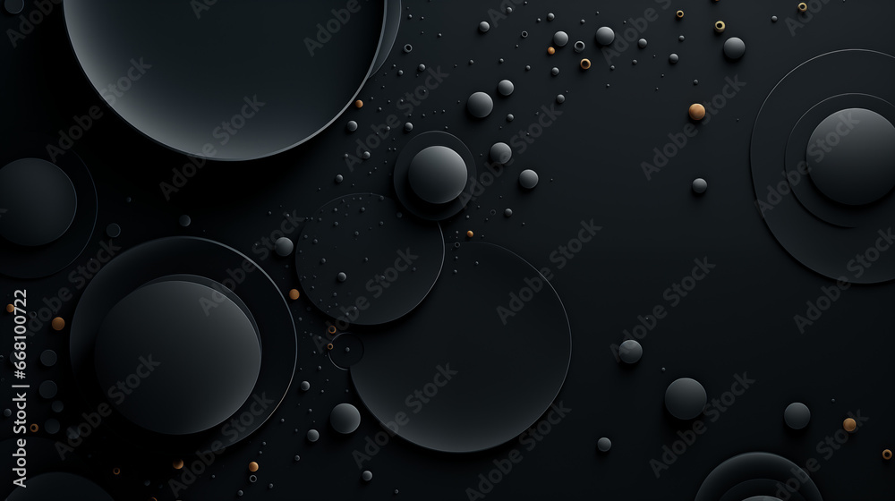 3d render, abstract black background with circles, drops and waves. 
