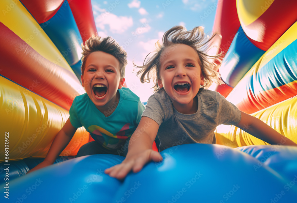 two kids on the inflatable bounce house, Capture the joyous energy of group of two Caucasian boys at playing bouncing and laughing in an inflatables bouncer castle - obrazy, fototapety, plakaty 