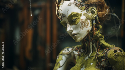 In the near future, an abandoned, rusty, moss-grown female android robot.