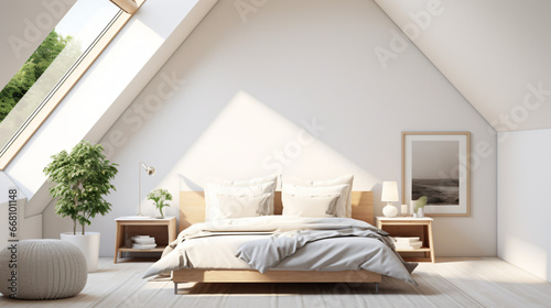 White attic bedroom with a wooden ceiling white wall