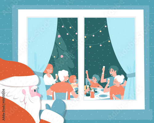 Santa Claus spies on how the family celebrates Thanksgiving at the table. Parents and grandparent raised glasses of champagne, children with juice. Flat vector illustration.