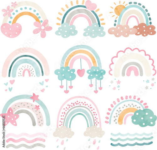 Watercolor Illustration set of boho rainbow in pastel color
