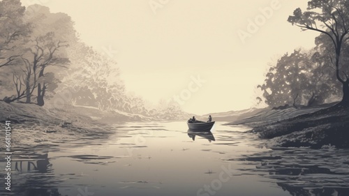 Boat small river landscape style mo dark landscape wallpaper image Ai generated art