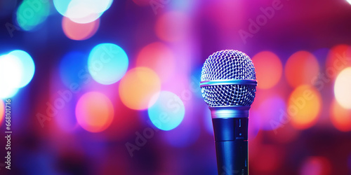 Professional vocal microphone on stage with a bokeh backdrop of concert lights. Karaoke concept. Generative AI