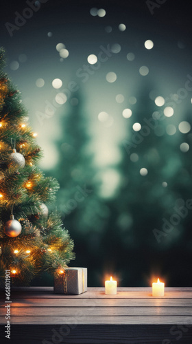 Christmas tree and candles on wooden table over bokeh background.