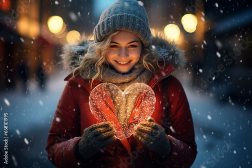 a woman is holding heart shape in her arms in winter. Generative AI