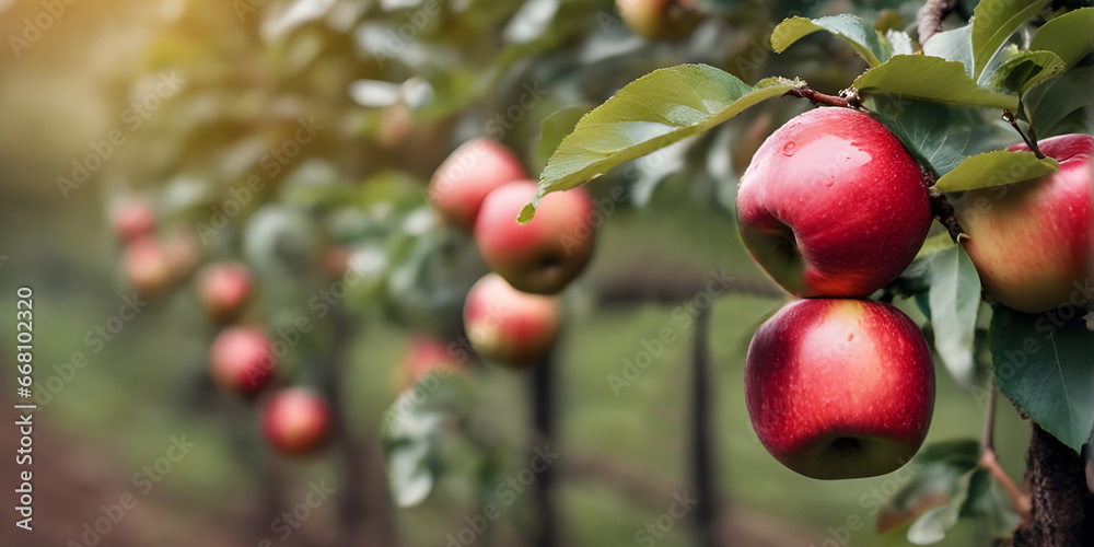 red apple with water drop on organic farm. red apple with water drop on organic farm.