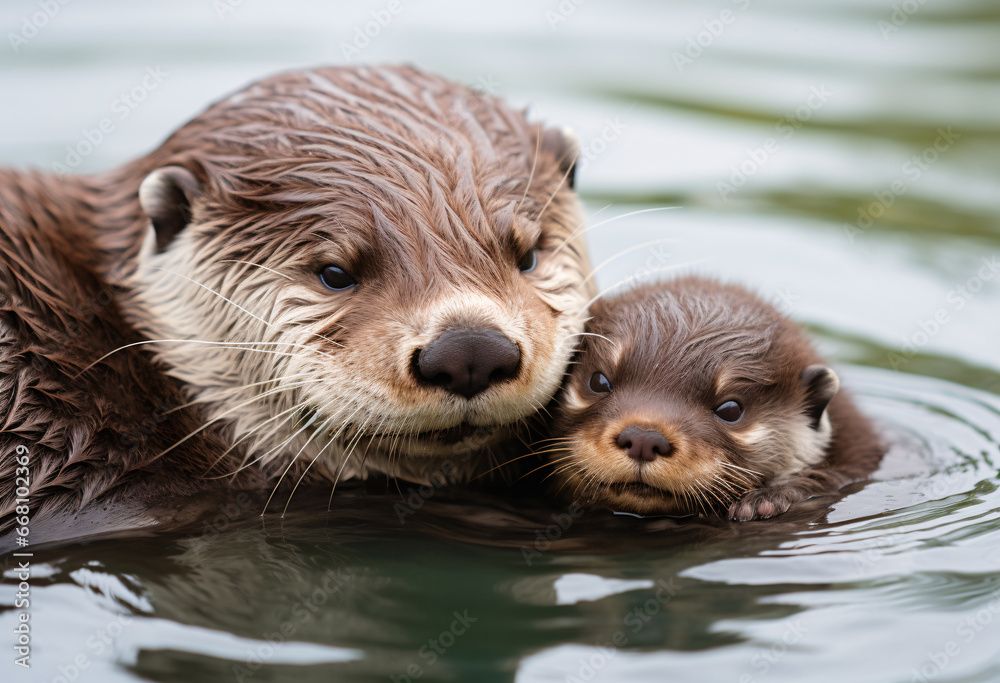An otter and its baby floating in zoo water