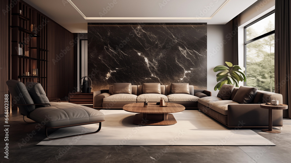 A stately living room with a leather sofa and footrest, and walls decorated with marble. A stately living room with a leather sofa and footrest, and walls decorated with marble.