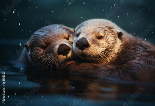 Two otters couple floating in zoo water at night