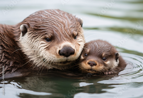 An otter and its baby floating in zoo water