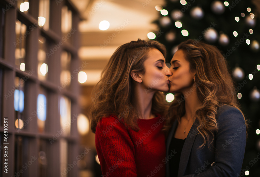 lesbian women kissing each other in front of a Christmas tree, two brunette girls kiss each other with romantic new year atmosphere at night inside a building 